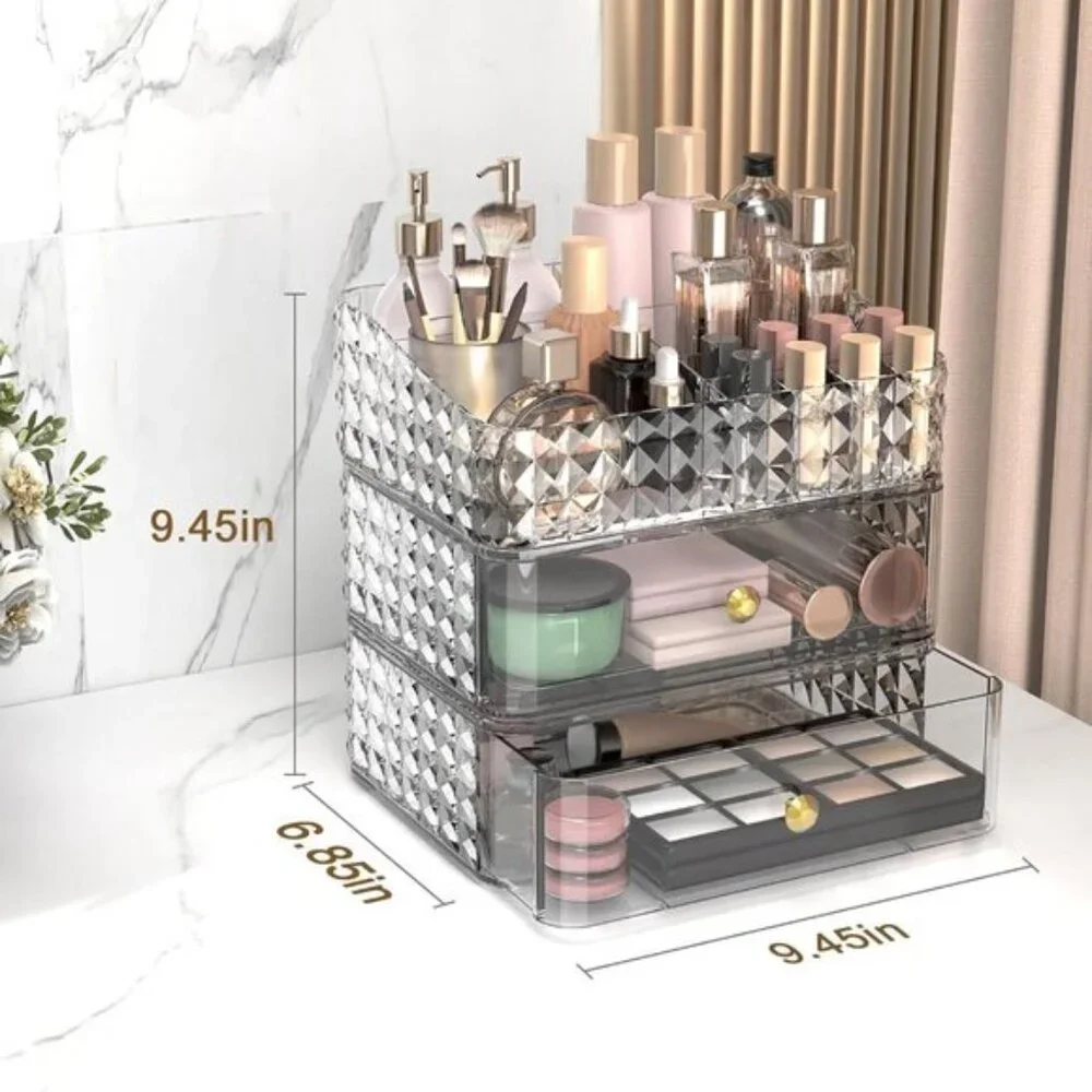 New Clear Stackable Makeup Organizer with 2 Drawers & Tray for Vanity & Jewelry